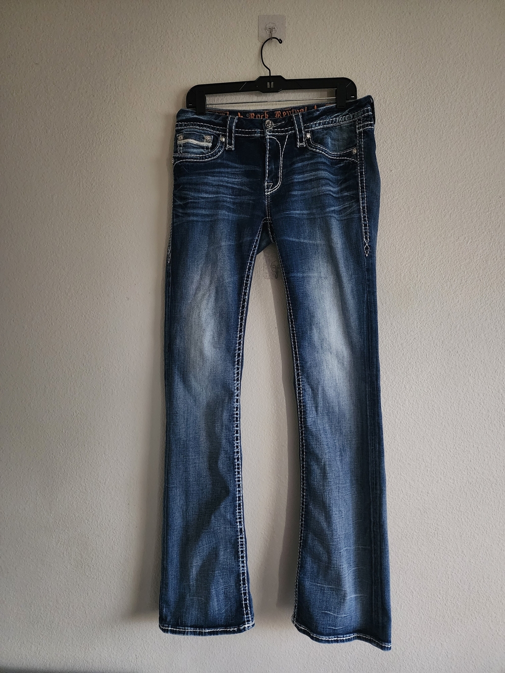 Rock Revival Essie Bootcut Jeans Size 31 Thick Stitch Bling Flap Pocket Medium W
